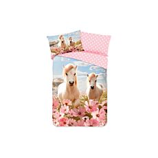 Linge de lit avec chevaux blancs et bouquet de fleurs roses