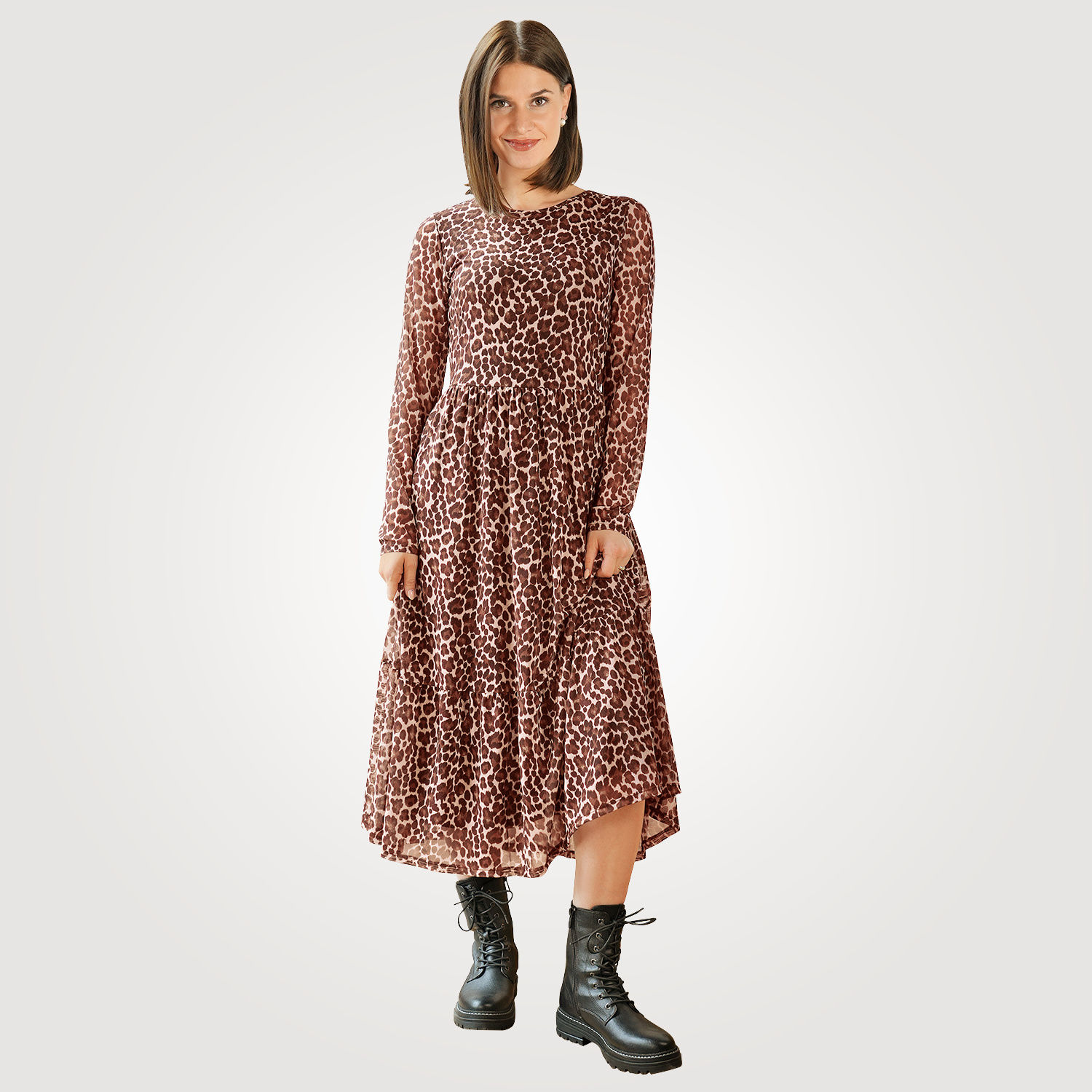 günstig Midi Lehner bestellen langarm Kleid Versand Print Animal mit ⋆